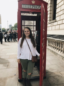 Christina Rasmussen '20 in a London telephone booth.