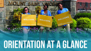 Image of three Orientation Leaders smiling and "Orientation at a glance" is overlaid.