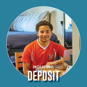 Student smiling and text saying "Housing Deposit"