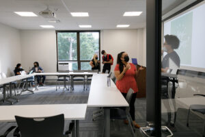 Students studying in the renovated library.