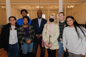 Rep. Jamaal Bowman poses with students at the University of Mount Saint Vincent after discussing leadership opportunities.