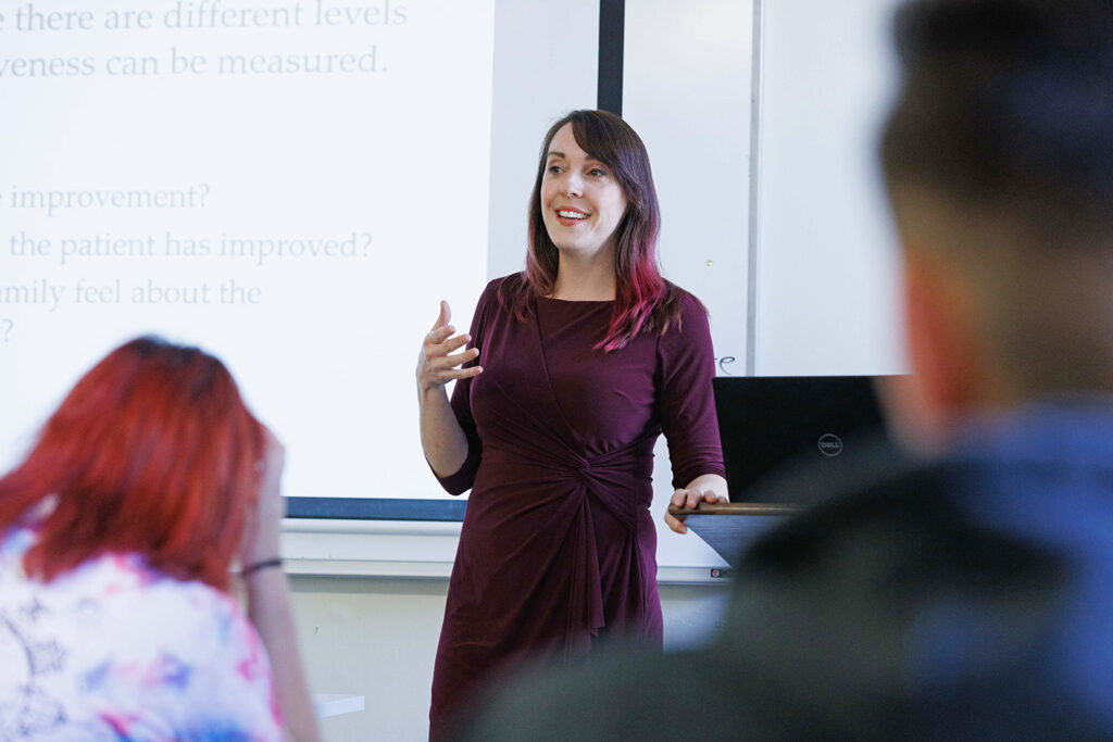 Dr. Katherine Alexander, Associate Professor of Psychology teaches a psychology class at the College of Mount Saint Vincent.