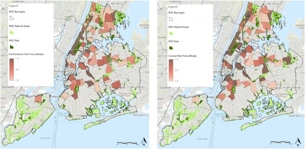 Figure: UGS Use Pre-pandemic and Currently by Study Zip Code alongside NYC Parks and Natural Areas.