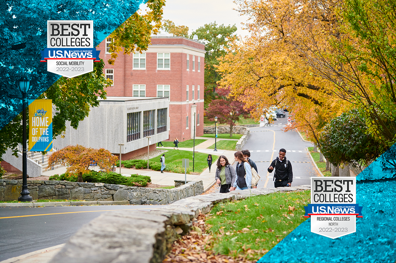 Students walk on the campus of the College of Mount Saint Vincent, with 2022-2023 U.S. News and World Report badges added to the corners