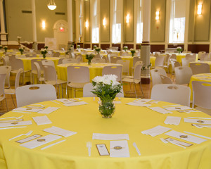Table set up for an event in Smith Hall.