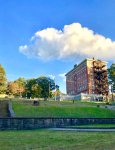 View of the construction site of Aquino Hall looking toward Seton Hall