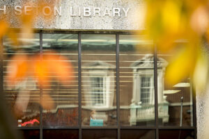 Fall view from a window in the Elizabeth Seton Library.