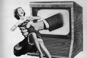 Old photo of a lady caught by a hand coming out of a tv. 