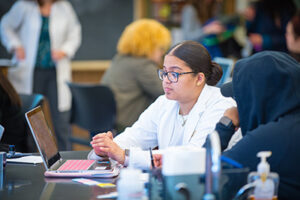 Nursing student tutors another student.