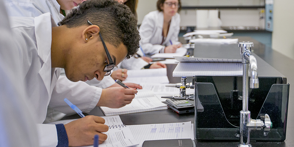 Student takes notes in a health professions lab.