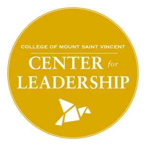Circular, gold logo with the text: University of Mount Saint Vincent, Center for Leadership; as well as a folded paper bird image below