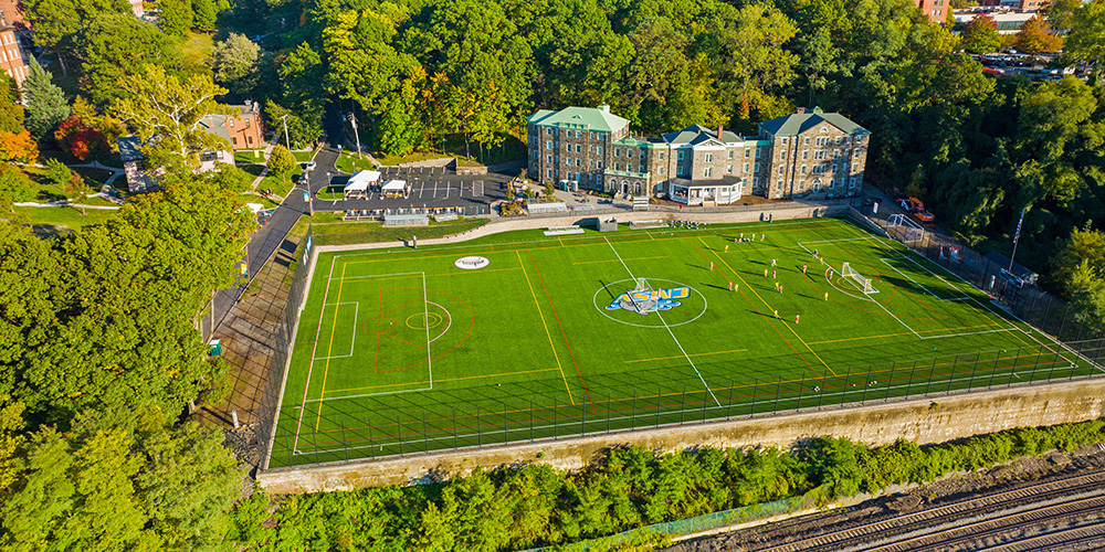 Aerial image of the new turf field at Marillac
