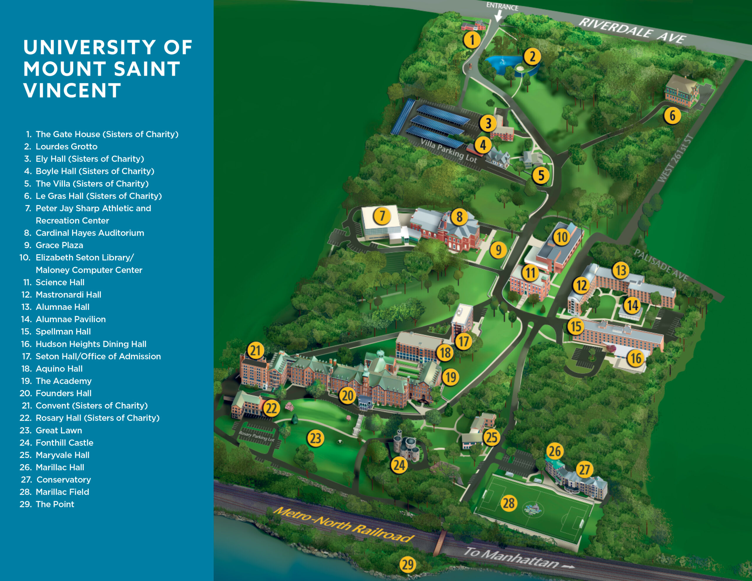 Illustrated map of the University of Mount Saint Vincent's Riverdale campus