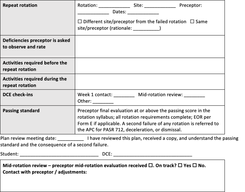 Repeat clinical rotation plan with fields for rotation, site, preceptor, dates, whether the site or preceptor differs from the failed rotation, deficiencies to observe and rate, required activities before and during the repeat rotation, DCE check-ins, passing standards, plan review meeting date, student and DCE signatures, and a mid-rotation review with space for adjustments.