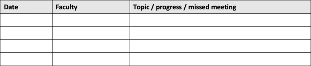 Blank meeting log table with columns for date, faculty, and topic, progress, or missed meeting.