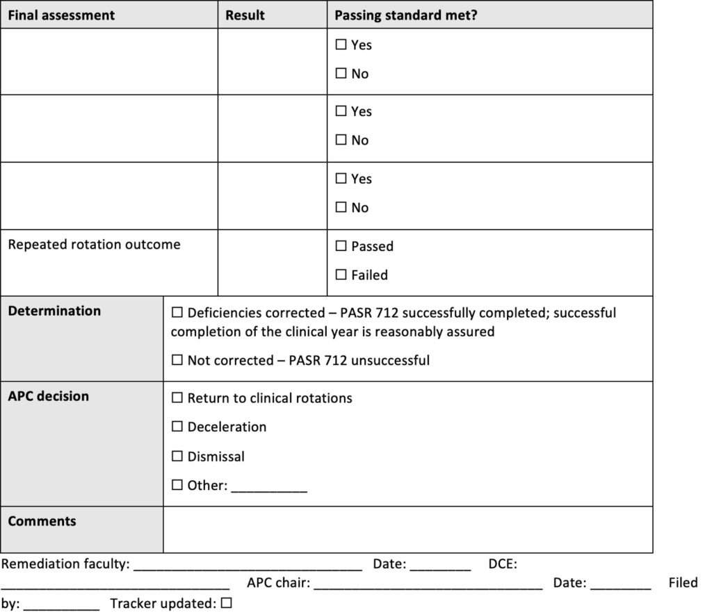 PASR 712 final outcome form with fields for final assessment results and whether passing standards were met, repeated rotation outcome, determination of whether deficiencies were corrected, APC decision, comments, signatures and dates for remediation faculty, DCE, and APC chair, filing information, and tracker update confirmation.