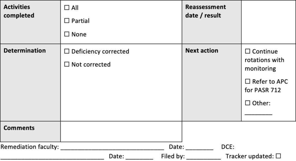 Outcome form for EOR scores below 70%, with fields for activity completion, reassessment date and result, determination of whether the deficiency was corrected, next action, comments, remediation faculty and DCE signatures and dates, filing information, and tracker update confirmation.