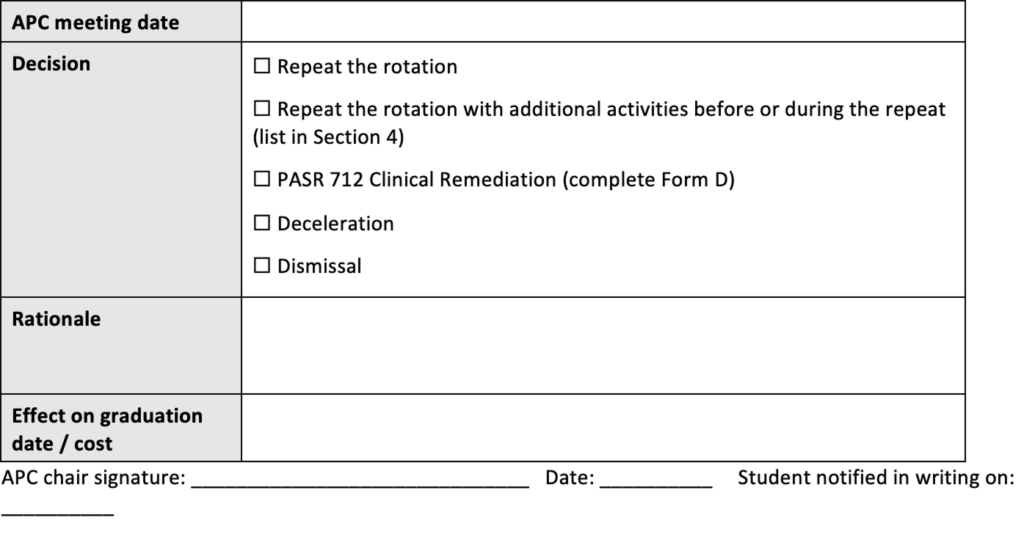 Academic Performance Committee determination form with fields for the APC meeting date, decision, rationale, effect on graduation date or cost, APC chair signature and date, and the date the student was notified in writing. Decision options include repeating the rotation, repeating it with additional activities, PASR 712 Clinical Remediation, deceleration, and dismissal.