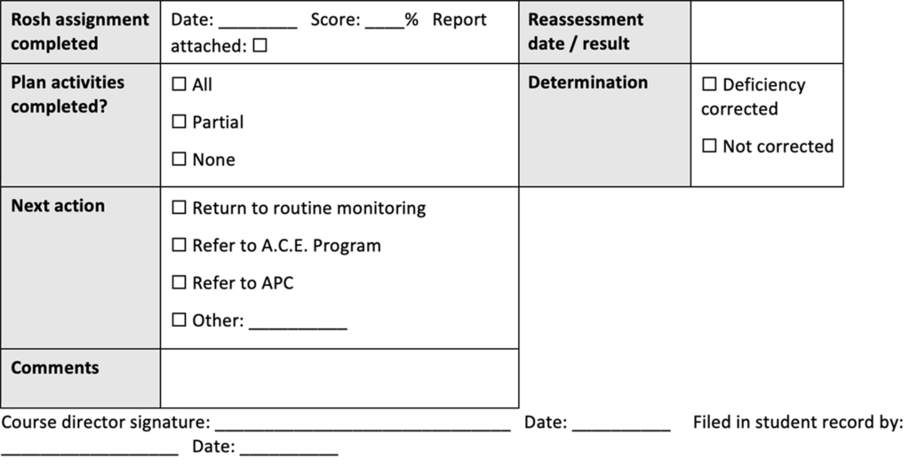 Outcome section of a student remediation plan with fields for Rosh assignment completion, score, report attachment, reassessment date and result, plan activities completed, determination of whether the deficiency was corrected, next action options, comments, and course director signature and date.
