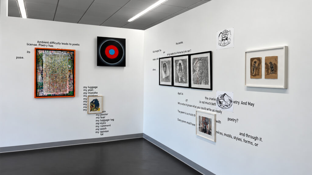 Installation view of First Marks: Drawing in Relation at the University of Mount Saint Vincent, curated by Thomas Ray Willis and Rafael Domenech. Works by Alejandro Contreras, David Teng Olsen, Angela Kallus, Matthew Archibald, Juan Francisco Elso Padilla, Séverine Rebourcet, and Michael Vasquez share the gallery walls with dispersed fragments of Charles Bernstein’s poetry.