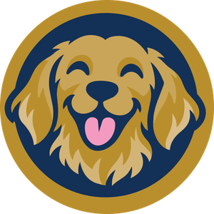 Illustration of a friendly, smiling golden dog mascot with closed eyes and a pink tongue, set against a navy-blue circular background with a gold outer border.Illustration of a friendly, smiling golden dog mascot with closed eyes and a pink tongue, set against a navy-blue circular background with a gold outer border.